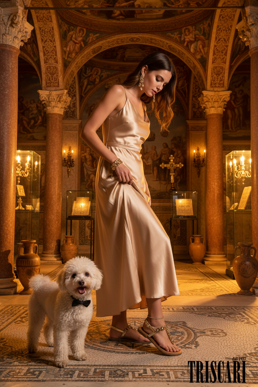Infradito oro Wcubed - donna elegante con barboncino in palazzo barocco siciliano