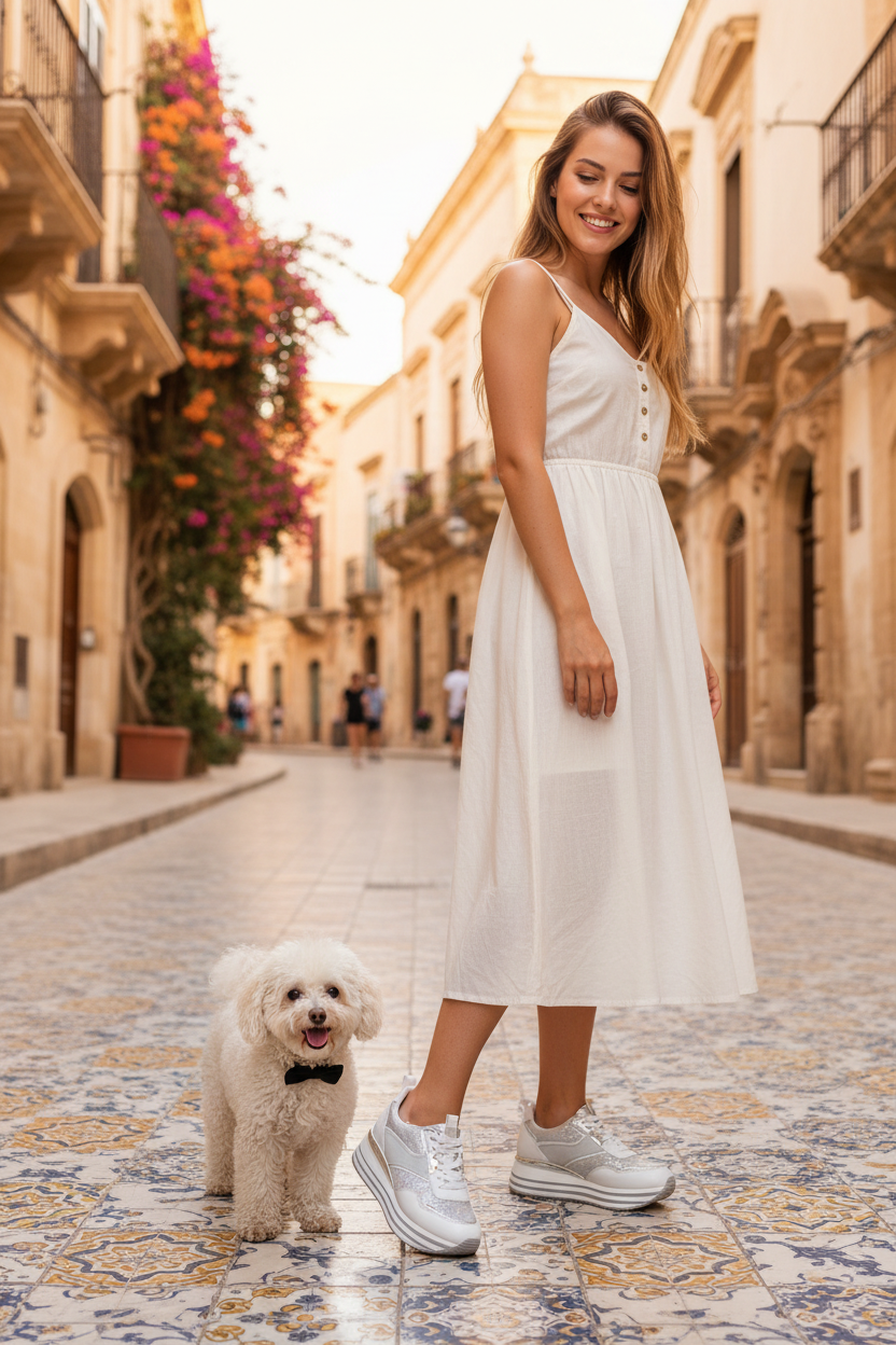 Turista con sneaker Wcubed e barboncino bianco in Sicilia